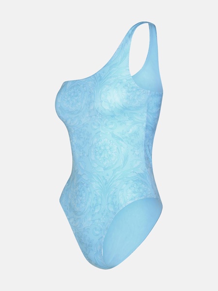 Versace Asymmetric 'Barocco' One-Piece Swimsuit In Light Blue Polyester Blend Woman