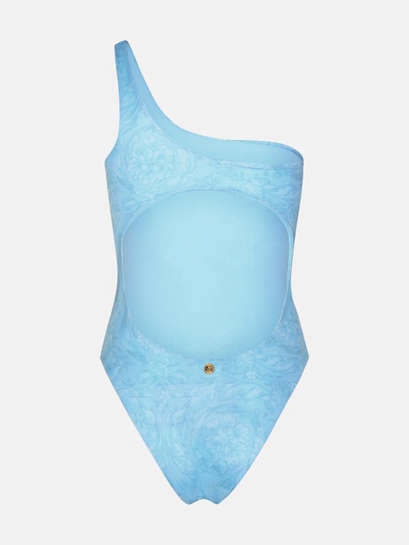 Versace Asymmetric 'Barocco' One-Piece Swimsuit In Light Blue Polyester Blend Woman