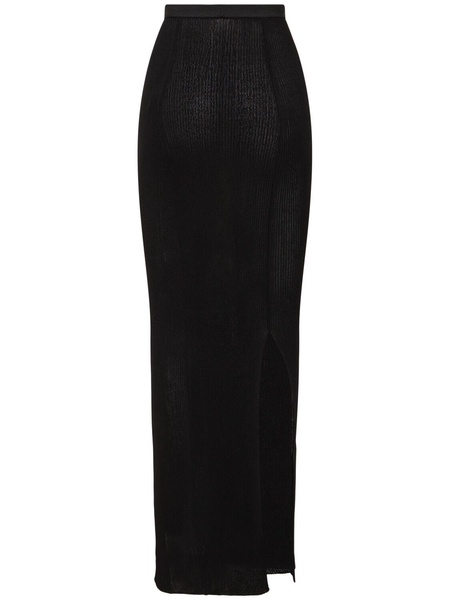 Silk rib knit high slit long skirt