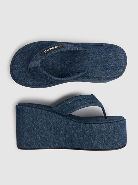 100mm Branded denim wedge sandals