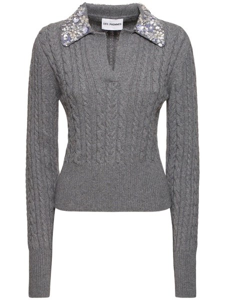 Embellished cable knit polo sweater