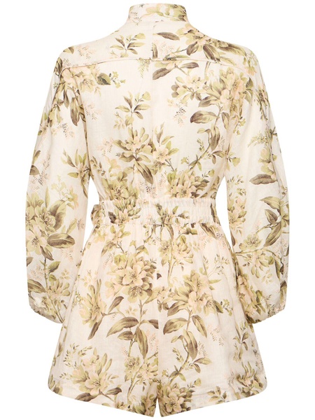 Golden printed linen belted playsuit