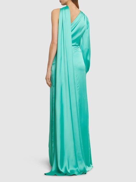 Draped light satin one-sleeve long dress