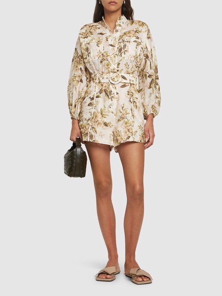 Golden printed linen belted playsuit