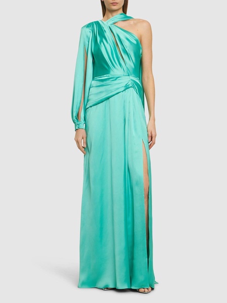 Draped light satin one-sleeve long dress