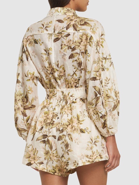 Golden printed linen belted playsuit