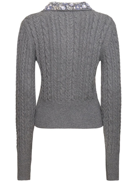 Embellished cable knit polo sweater