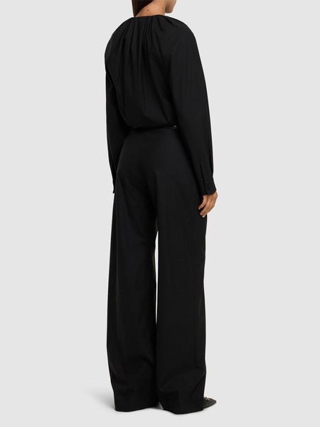 Stretch wool blend jumpsuit w/ belt