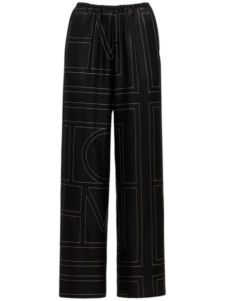 Monogram embroidered silk pants