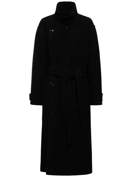 Belted long wool wrap coat