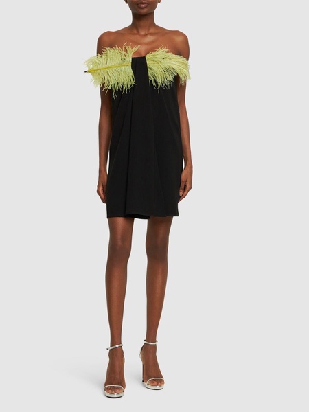 Mirai crepe mini dress w/feathers