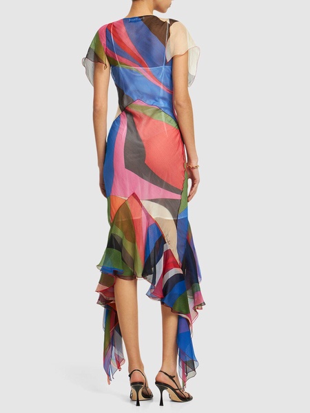 Crepe Goccia print ruffle midi dress