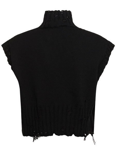 Distressed ribbed cotton turtleneck vest