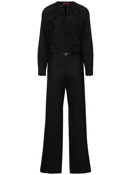 Stretch wool blend jumpsuit w/ belt