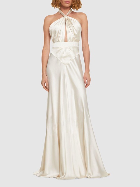 Light satin crossed neckline long dress