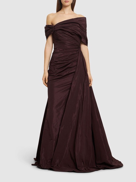 Off-shoulder draped faille long dress