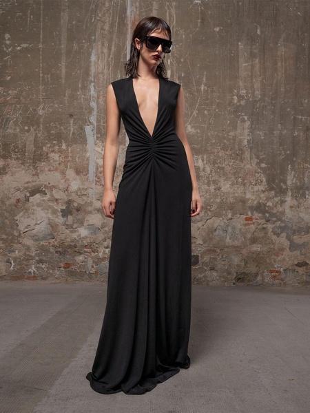 Stretch sable jersey draped long dress