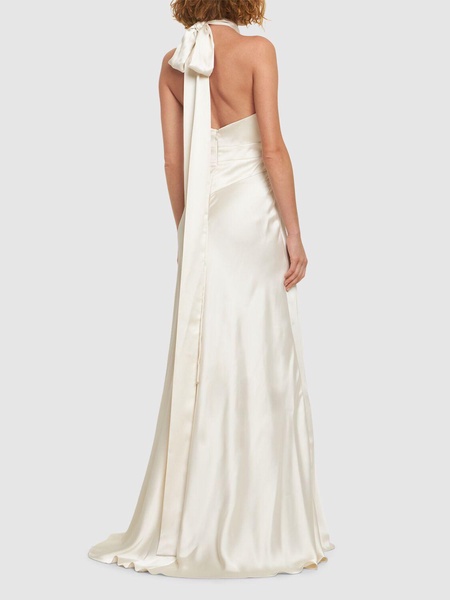 Light satin crossed neckline long dress