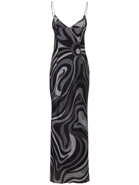 Printed silk crepe v-neck long dress