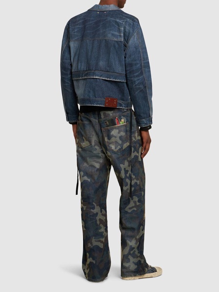 Unisex mesh layered printed denim pants