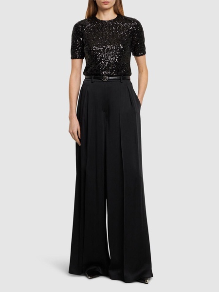 Pleated satin high rise wide pants