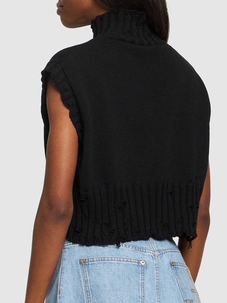 Distressed ribbed cotton turtleneck vest