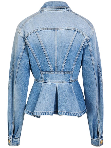 Puff-Sleeve Denim Peplum Jacket