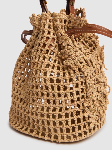 Floral raffia bucket bag