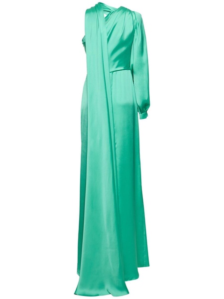 Draped light satin one-sleeve long dress