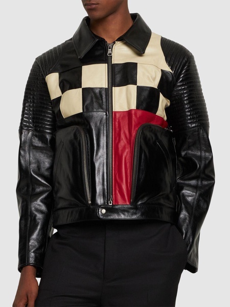 Checkerboard leather biker jacket