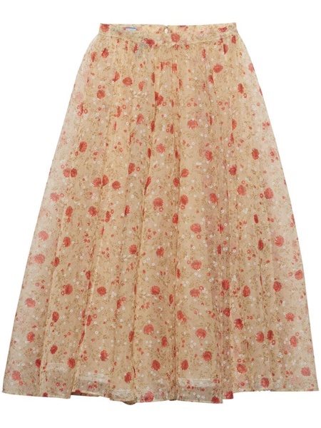 Prada Flower Printed Nylonette Midi Skirt