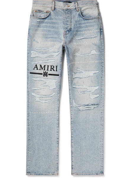 Straight-Leg Logo-Embroidered Distressed Jeans