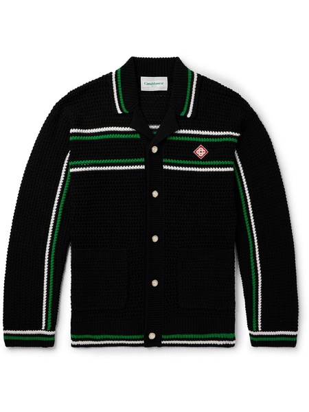 Camp-Collar Logo-Appliquéd Striped Crocheted Cotton Cardigan