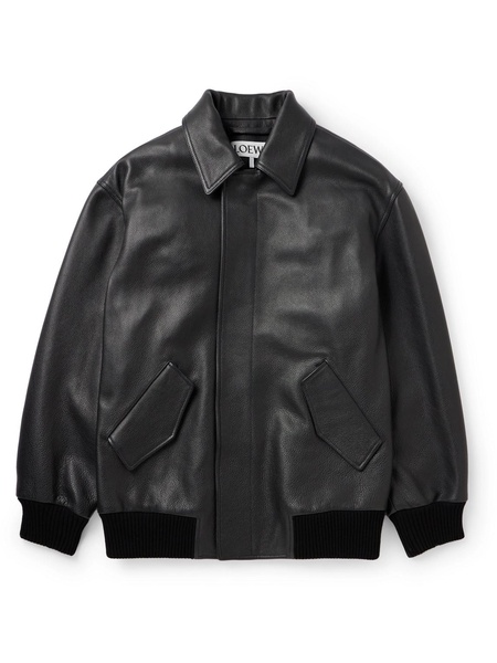 Textured-Leather Bomber Jacket