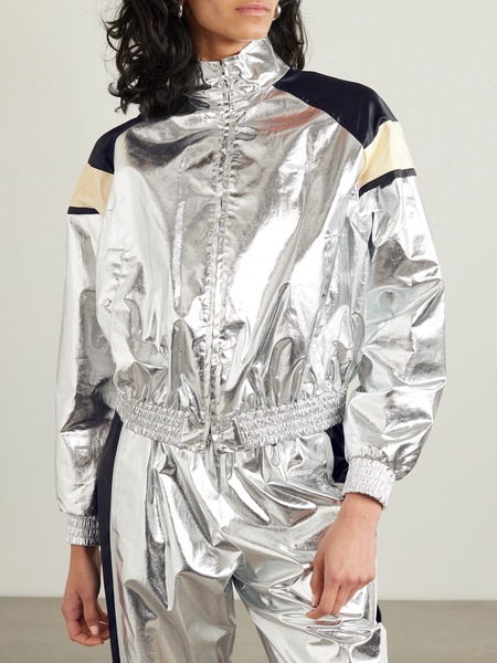 Metallic satin-trimmed coated cotton-blend jacket