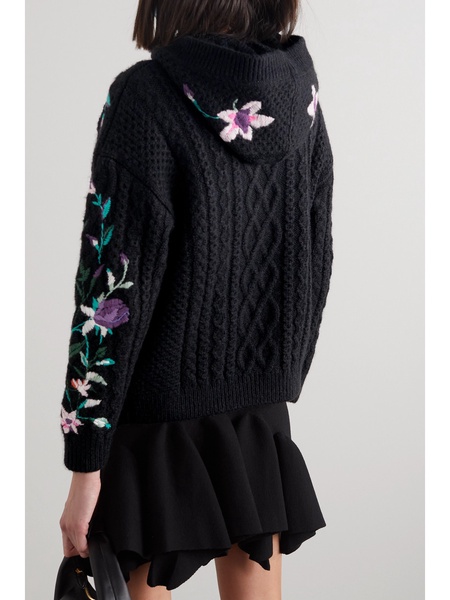 Hooded embroidered cable-knit cardigan