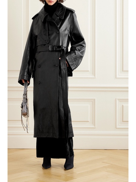 Cocoon double-breasted belted leather trench