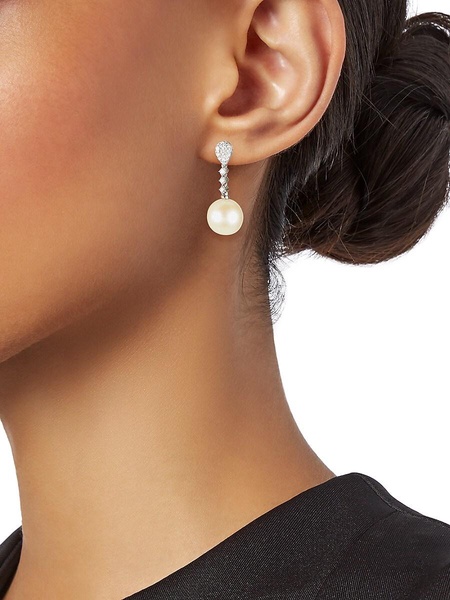 14K White Gold, 9MM Round Freshwater Pearl & Lab Grown Diamond Drop Earrings