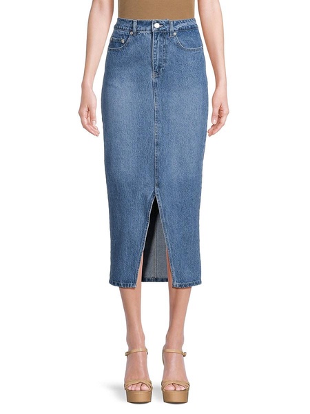 Faded Slit Denim Midi Skirt