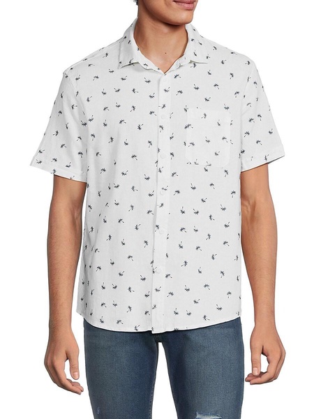 Linen Blend Palm Tree Print Button Down Shirt