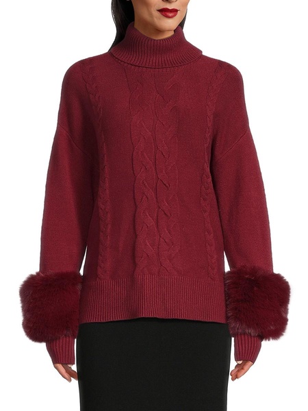 Cable-Knit Faux Fur Trim Sweater