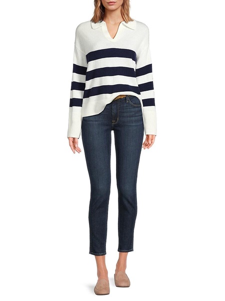 100% Cashmere Striped Johnny Collar Sweater