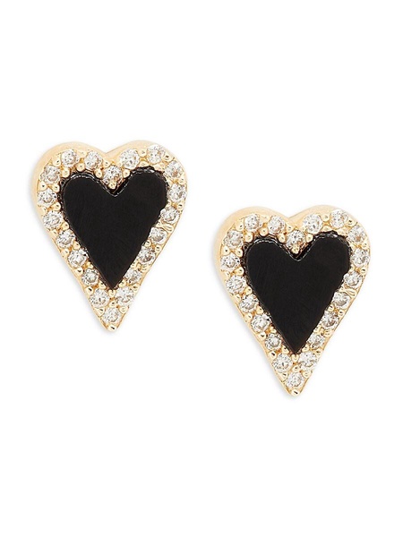 14K Yellow Gold , 0.105 TCW Diamond & Black Agate Heart Stud Earrings