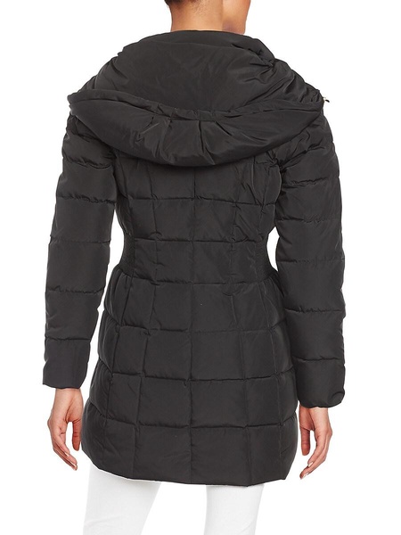 Shirred-Waist Hooded Quilted Down Coat