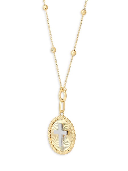 14K Yellow Gold Cross Pendant Beaded Chain Necklace