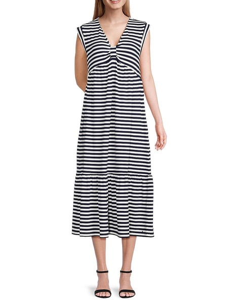 Striped V Neck Midi Dress