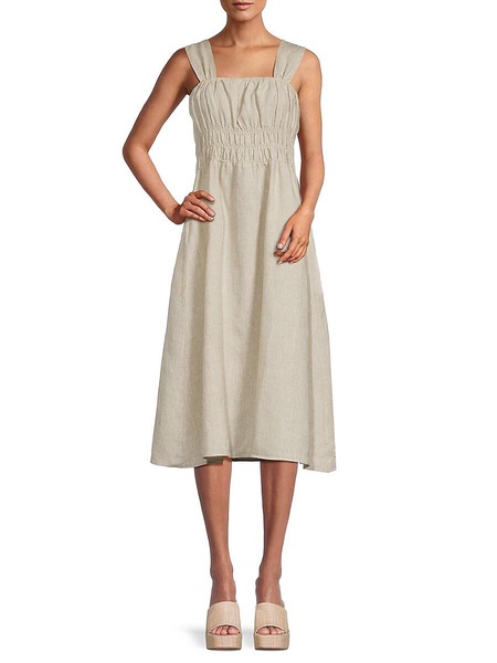 Smocked 100% Linen Midi Dress