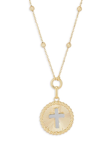 14K Yellow Gold Cross Pendant Beaded Chain Necklace