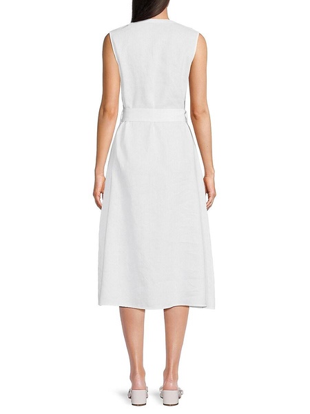 Belted Ruffle Trim 100% Linen Midi Dress