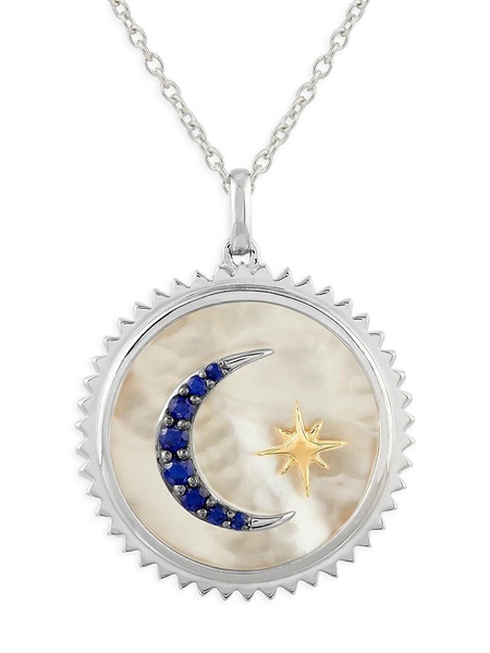 14K Yellow Goldplated Sterling Silver, Mother of Pearl & Sapphire Moon Star Pendant Necklace